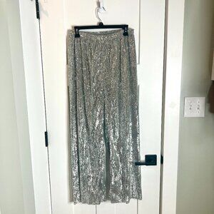 Deane Pull On Silver Fully Sequined Wide Leg Pants Glam Night Out Cocktail M